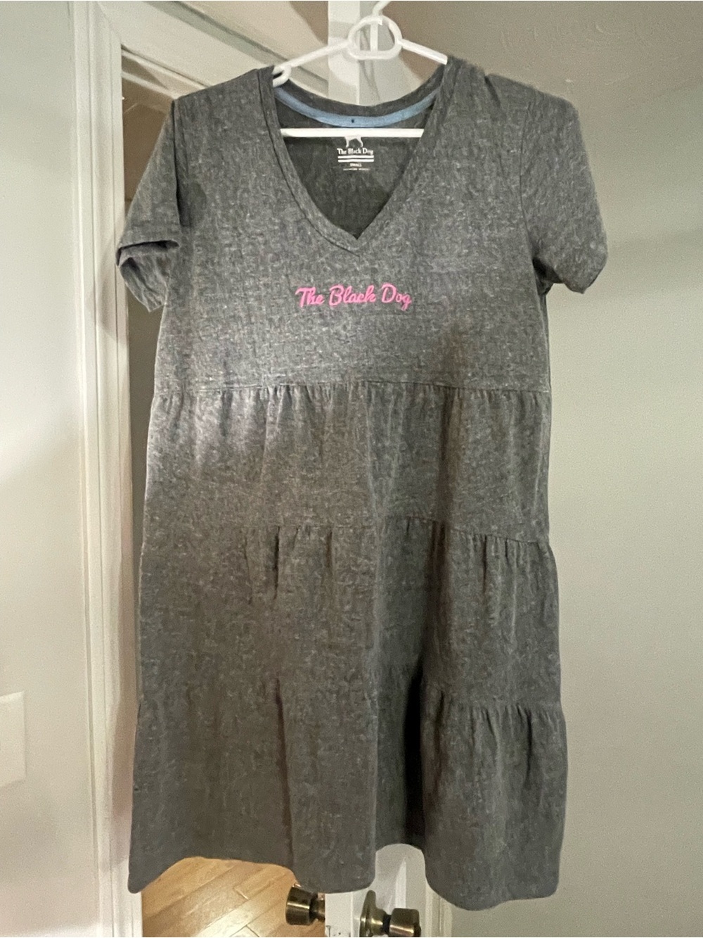 The Black Dog Gray Tiered V-Neck Dress with Pink Logo